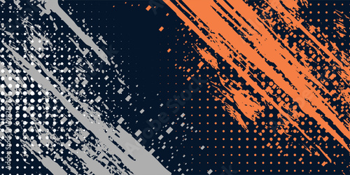 Abstract colorful modern style background with dark blue, orange and white color combination. Grunge texture and halftone elements of dotted circles. Vector illustration on eps10 horizontal layout.