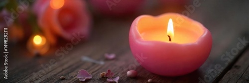 Close-up of a sweetly scented candle, its wax melting gently, revealing a soft, inviting glow  The warm light casts a cozy ambiance, perfect for relaxation and self-care ,  light,  sweet