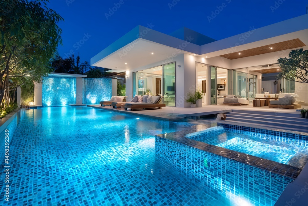 Fototapeta premium Modern Villa with Infinity Pool and Spa at Night