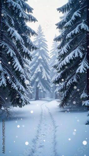 Serene winter landscape; soft snowfall gently blankets a tranquil forest scene  Perfect for holiday, winter, or nature themes  A peaceful and calming image ,  cold weather,  calm