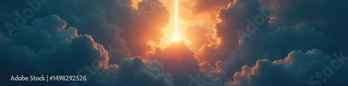 A single, bright light beam pierces through dark clouds, symbolizing hope, innovation, and a breakthrough, illuminating the unseen future ,  optimism,  future
