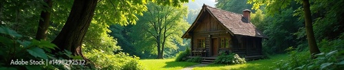 A rustic wooden hut nestled amongst lush green foliage, sunlight dappling through leaves  Perfect for nature, travel, and peaceful retreat themes ,  home,  architecture