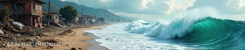 Devastating tsunami wave crashes over coastal buildings, leaving behind a trail of destruction and debris  The powerful force of nature is evident in the chaotic scene , aquatic, ruins
