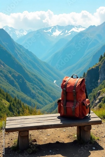 A lone backpack sits on a weathered wooden bench overlooking a stunning vista, capturing the essence of adventurous travel and exploration , tranquility, serenity, rustic
