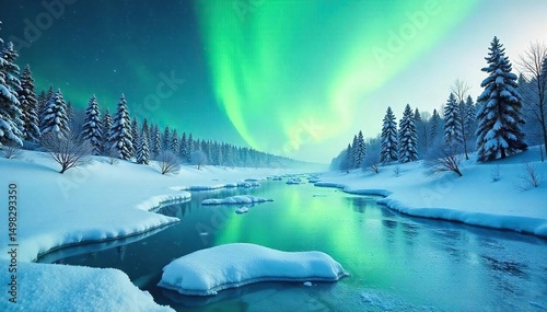 Frozen winter landscape, icy stillness against a vibrant green backdrop A chilling yet beautiful contrast of nature's elements Perfect for winter, nature, or environmental themes , winter, evergreen