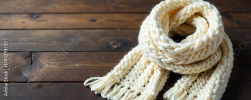 A soft, chunky knit winter scarf in a rich cream color, perfect for adding warmth and style to any cold-weather outfit Draped artfully on a rustic wooden surface , winter scarf, knit