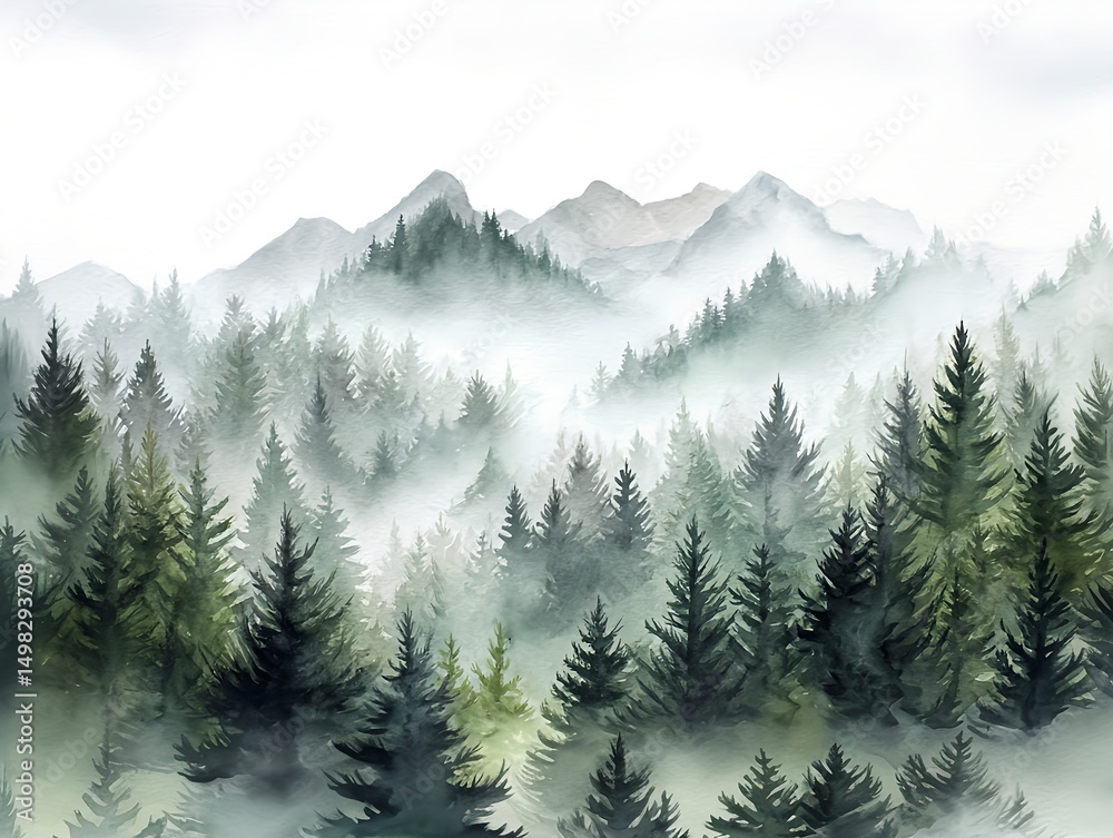 Fototapeta premium Misty pine forest with mountains and fog in a soft watercolor painting