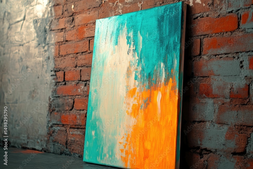 Naklejka premium Abstract painting with teal, orange, and gold hues, leaning against a brick wall.