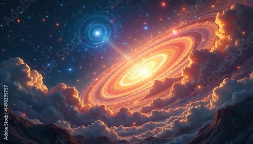 A celestial panorama depicting a unified cosmic entity, symbolizing a universal faith transcending earthly boundaries Intricate details suggest ancient wisdom and spiritual harmony , stars, hope