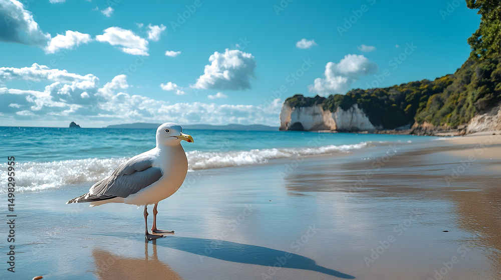 Fototapeta premium A seagull stands on a sandy beach, facing the ocean.