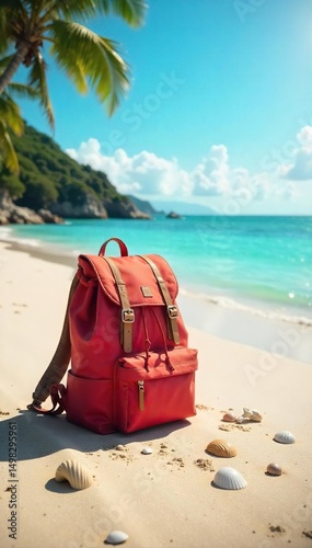 A lone backpack sits on a sun-drenched beach, seashells scattered nearby, symbolizing carefree travel and blissful relaxation The perfect escape from everyday life , warmth, tranquility, freedom