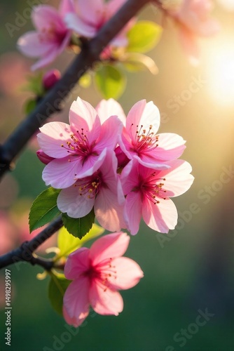 Close-up of vibrant spring blossoms on a tree branch, sunlight filtering through delicate petals, signifying renewal and fresh beginnings A gentle breeze rustles the leaves , botany, outdoor, soft