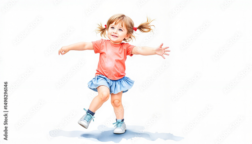 Young girl dancing joyfully in a blue skirt and orange shirt Young girl dancing joyfully in a blue skirt and orange shirt