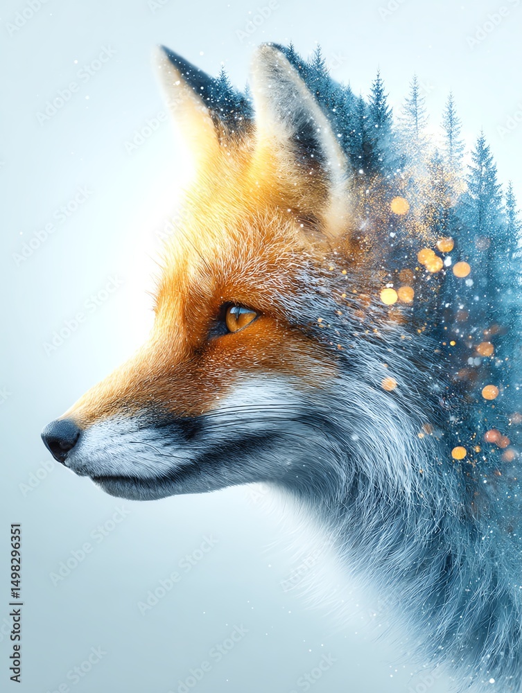 Fototapeta premium double exposure of a fox head and a starry winter forest, soft bokeh effect, magical fairytale vibe