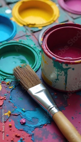 A well-worn paintbrush rests beside a vibrant, half-empty can of paint, ready for the next artistic endeavor  The scene suggests creativity and artistic expression ,  supply,  can,  creative