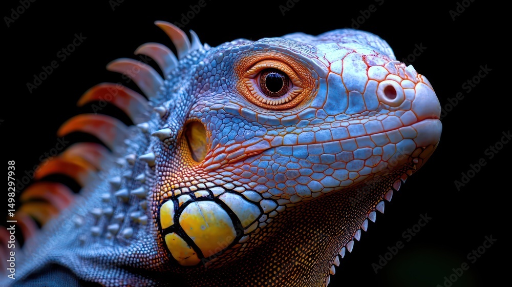 Fototapeta premium A regal green iguana with vivid scales rests calmly against a soft neutral backdrop.