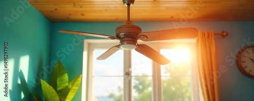 A vibrant summer scene featuring a rotating ceiling fan with blades gently turning, creating a cool breeze against a backdrop of bright sunlight streaming through a window , air, white