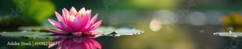 Vibrant pink water lilies bloom on a serene pond, their petals unfurling in the sunlight, reflecting in the tranquil water Perfect for nature, serenity, and summer themes , pond life, idyllic