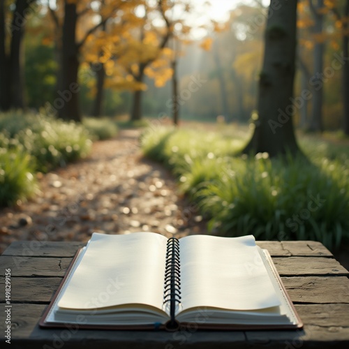 open notebook wooden table park notebook resting table its pages facing towards right side background blurred appears wooded area trees bushes both sides table trees orange yellow leaves indicating