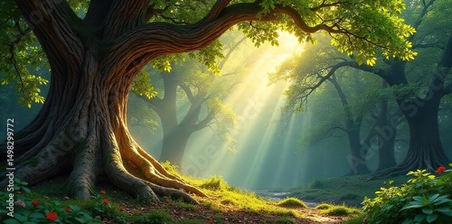 Intricate wood carving art piece nestled amongst ancient trees, sunlight dappling through leaves Nature's beauty inspires stunning handcrafted details , sustainable art, sunlight