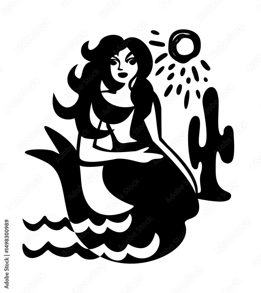 Obraz premium Mermaid, sun and cacti. Brazilian cordel style. Woodcut illustration