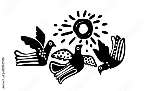 Three birds and sun. Brazilian cordel northeast woodcut illustration