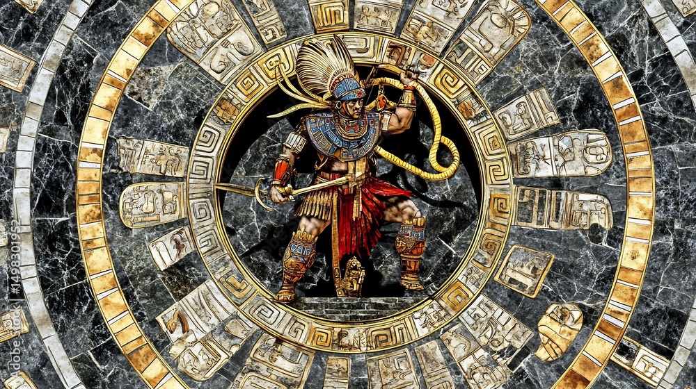 Obraz premium Aztec mythology warrior ascending sun pyramid surrounded by floating glyphs and golden serpents
