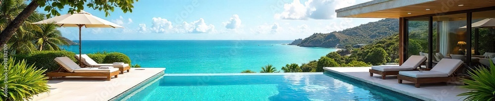 Fototapeta premium Luxury villa rental with stunning ocean views, private pool, and spacious outdoor terrace perfect for relaxation and unforgettable vacations , modern, mediterranean