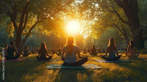 Group Meditation Session at Sunset in a Park