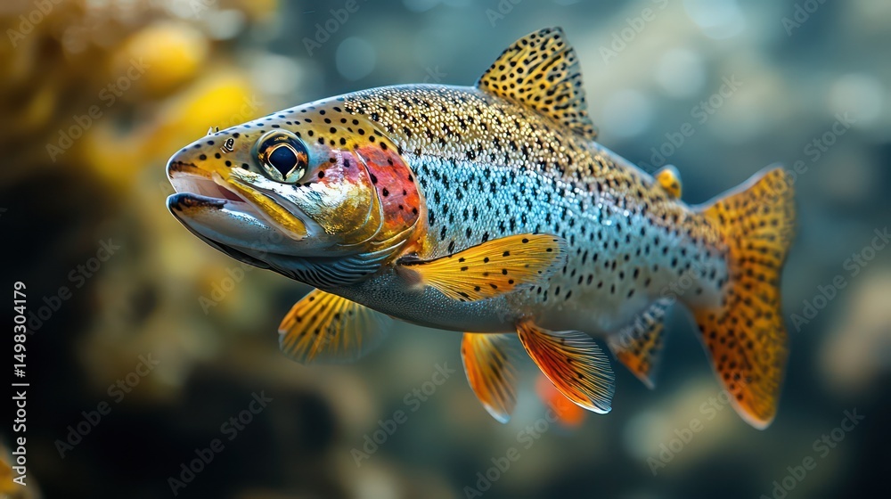 Naklejka premium Shimmering rainbow trout with speckled skin swims in clear water against soft green hues.