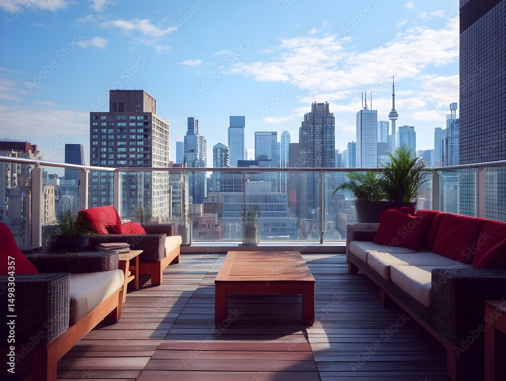 Obraz premium Discover Luxurious Outdoor Living on a Crimson Rooftop Terrace Furnished Stunningly Captured in Low-Angle Elegance