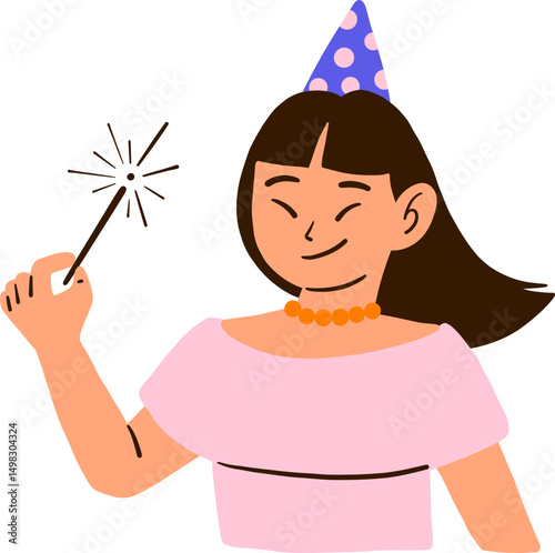 Smiling Girl Holding Sparkler. A girl in a pink dress joyfully holding a sparkler, bringing extra sparkle to the party