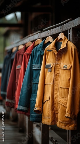 Stylish colorful workwear jackets hanging on wooden rack in rustic boutique, featuring mustard yellow, teal blue and burgundy utility coats for autumn fashion retail display