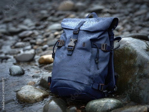 Conquer Rainy Trails with Matte Indigo Waterproof Backpack Positioned on Wet Riverbank Emphasizing Adventure Gear