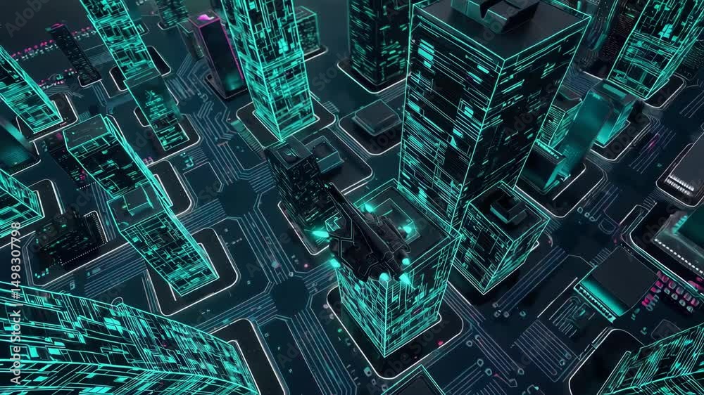Futuristic cityscape with spaceship flying through neon gridinspired architecture