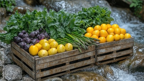 Fresh produce in wooden crates by a stream photo