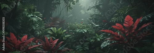 Deep jungle foliage, rich emerald & ruby tones, textured leaves , art, pattern