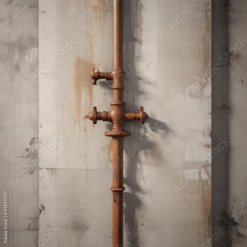 Close-up of glued poster on textured concrete with rusty plumbing  Ideal for design , brick, metal, light