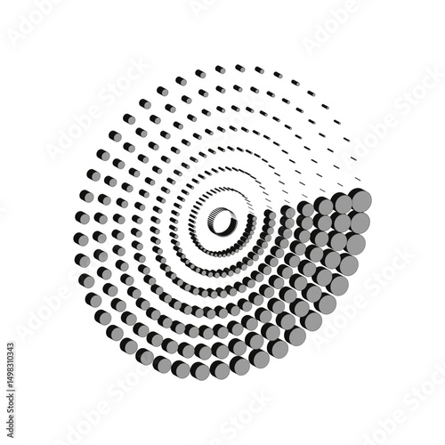 Halftone circle icon. Three dimensional shape. Abstract vector illusion. Dot spiral composition.