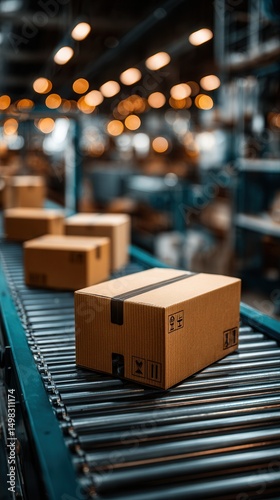 Modern cardboard packages moving on conveyor belt in automated warehouse with warm bokeh lights overhead in logistics distribution center