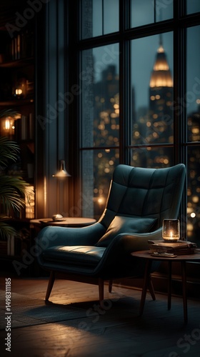 Serene luxury apartment interior with teal velvet armchair beside window overlooking illuminated city skyline at dusk, candlelit side table and houseplants creating cozy urban living space