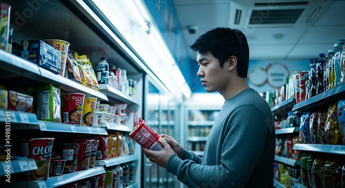 Convenience Store Shopper: Asian Man Browsing Snacks