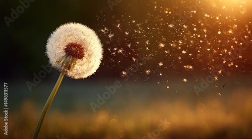 Dandelion seed dispersal in golden light