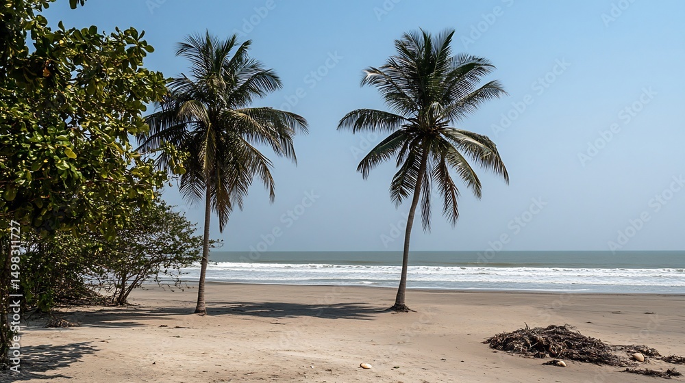 Fototapeta premium Blank beach wishcard palm trees ocean waves seashells in sand sunny atmosphere no words