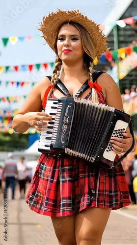 A young Brazilian woman playing the accordion at the São João festival