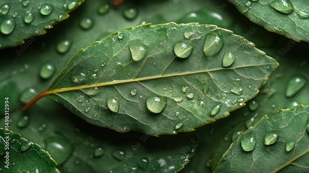 Fototapeta premium A soft green leaf with dewdrops highlights veins and water clarity in early morning light.