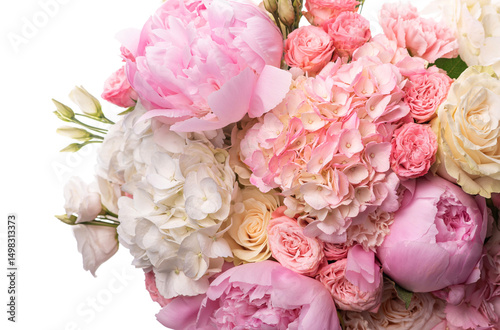 PNG. uxurious round bouquet of pink and white peonies, roses, hydrangeas and Asian buttercups.