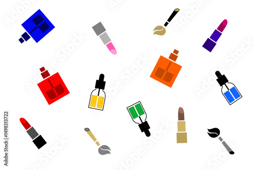 Colorful assortment of makeup products arranged creatively on a bright background