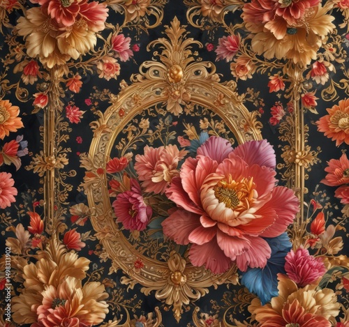 Opulent colorful floral wallpaper with elaborate gold accents and scrolling patterns , opulent, victorian