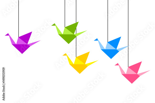 Colorful origami cranes suspended from strings create a whimsical and artistic display in a cheerful setting
